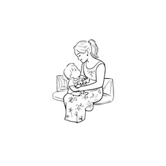 Black and White Vector Illustration of a Beautiful Mother Caring for Child in Minimalist Line Art Style