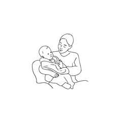 Black and White Vector Illustration of a Beautiful Mother Caring for Child in Minimalist Line Art Style