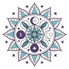 Celestial mandala with crescent moons stars and flower motifs in teal purple and pink hues on white background