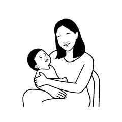 Black and White Vector Illustration of a Beautiful Mother Caring for Child in Minimalist Line Art Style