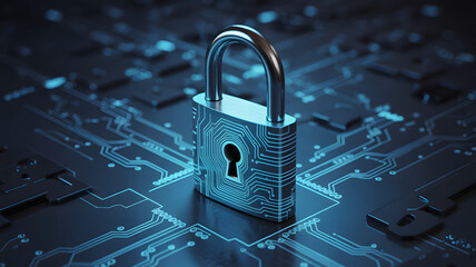 Cybersecurity lock protecting digital network and data encryption with futuristic design