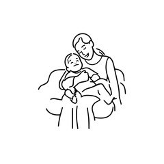 Black and White Vector Illustration of a Beautiful Mother Caring for Child in Minimalist Line Art Style