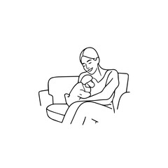 Black and White Vector Illustration of a Beautiful Mother Caring for Child in Minimalist Line Art Style