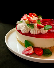 Elegant Strawberry Cheesecake: A Masterpiece of Cream and Fruit.
A striking and mouthwatering close-up of an elegant, no-bake strawberry cheesecake. 