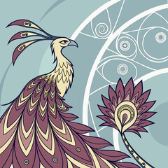 Fototapeta premium Elegant stylized peacock with intricate feather patterns and swirling decorative background elements