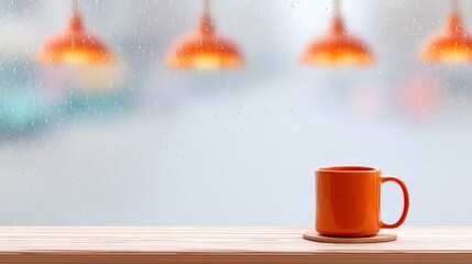 Rainy Window Shots with Moody Atmosphere, Warm cup on a table with a misty window and glowing lamps in the background.