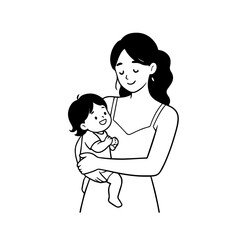 Black and White Vector Illustration of a Beautiful Mother Caring for Child in Minimalist Line Art Style