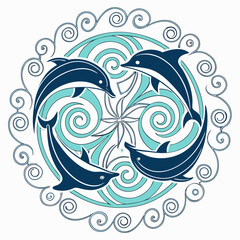 Four stylized dark blue dolphins gracefully swim in a circular pattern with swirling turquoise ocean waves and decorative ocean swirls