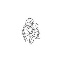 Black and White Vector Illustration of a Beautiful Mother Caring for Child in Minimalist Line Art Style