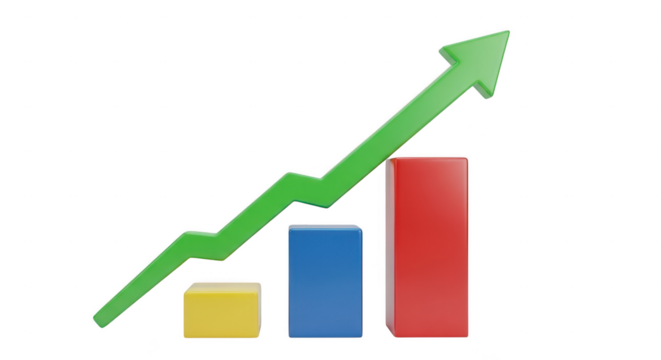 Green arrow graph showing upward trend isolated on transparent background