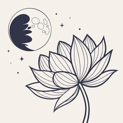 Mystical moon and lotus flower illustration with stars on a cream background minimalist line art