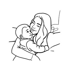 Black and White Vector Illustration of a Beautiful Mother Caring for Child in Minimalist Line Art Style