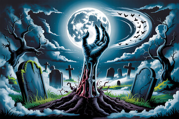 Halloween Zombie hand in Graveyard, Scary halloween isolated background.