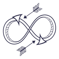 Stylized infinity symbol with arrows illustrating continuous cycles and forward momentum in a minimalist line art design