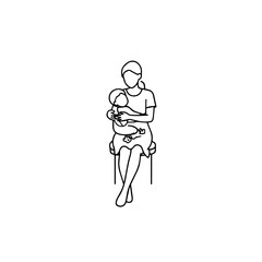 Black and White Vector Illustration of a Beautiful Mother Caring for Child in Minimalist Line Art Style