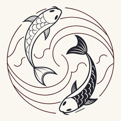 Two stylized koi fish in a circular yin yang symbol with flowing water elements and a minimalist aesthetic