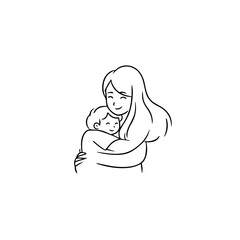 Black and White Vector Illustration of a Beautiful Mother Caring for Child in Minimalist Line Art Style