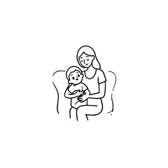 Black and White Vector Illustration of a Beautiful Mother Caring for Child in Minimalist Line Art Style
