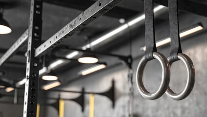 Close-up of two gymnastic rings hanging from black straps against a blurred background of industrial-style gym equipment and lighting