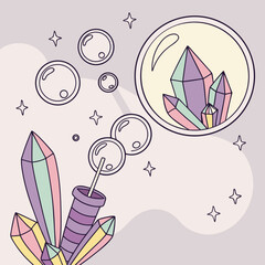 Whimsical pastel crystals and bubbles emanating from a crystal shaped wand against a soft lavender background with abstract shapes and stars