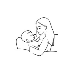 Black and White Vector Illustration of a Beautiful Mother Caring for Child in Minimalist Line Art Style