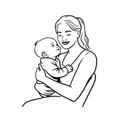 Black and White Vector Illustration of a Beautiful Mother Caring for Child in Minimalist Line Art Style