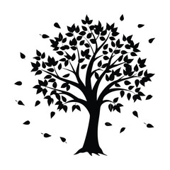Fototapeta premium Black silhouette of a deciduous tree with falling leaves Keywords: tree, silhouette, black, white