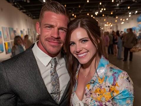 A handsome man and a beautiful woman are smiling closely together at an art gallery opening event today.