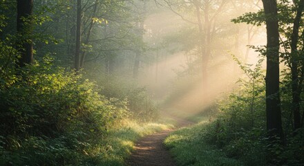 Obraz premium A sunlit forest path with lush greenery and mist