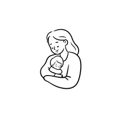 Black and White Vector Illustration of a Beautiful Mother Caring for Child in Minimalist Line Art Style