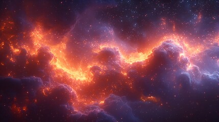 Fototapeta premium Fiery nebula, cosmic clouds, orange and red glowing gas, space background.