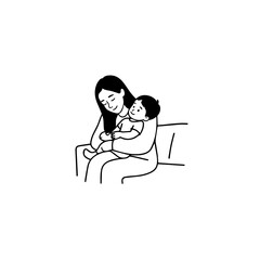 Black and White Vector Illustration of a Beautiful Mother Caring for Child in Minimalist Line Art Style