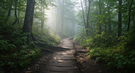 Obraz premium A wooden boardwalk winds through a foggy lush forest lined with trees and vibrant green foliage