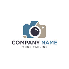 A modern, minimalist logo featuring a stylized camera icon with blue and tan colors, accompanied by placeholder text for company name and tagline.