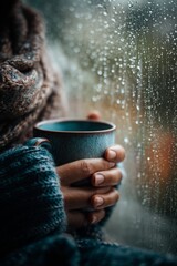 A person wrapped in a scarf holding a mug near the window. Rain falls softly outside. The mood feels comforting and serene