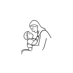 Black and White Vector Illustration of a Beautiful Mother Caring for Child in Minimalist Line Art Style