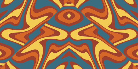 A Psychedelic Pattern of Swirling Abstract Waves in Earth Tones and Teal with a Mirrored Symmetrical Design.