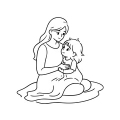 Black and White Vector Illustration of a Beautiful Mother Caring for Child in Minimalist Line Art Style
