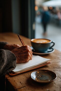 A person sketching in a notebook while sipping coffee. The café buzzes softly around them