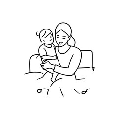 Black and White Vector Illustration of a Beautiful Mother Caring for Child in Minimalist Line Art Style