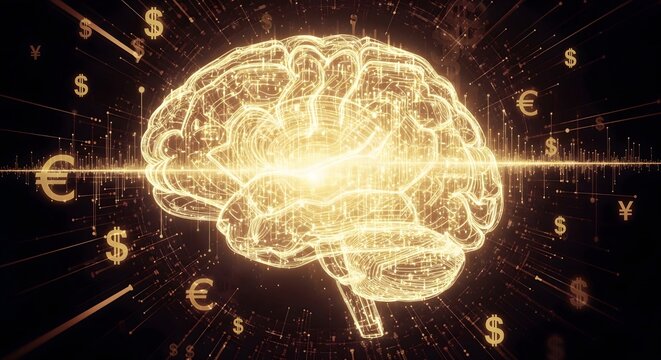 Digital brain with glowing circuit lines surrounded by currency symbols represents financial intelligence and investment strategies.