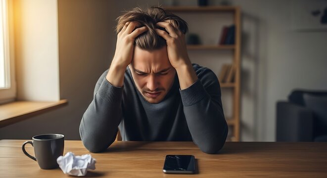 A man sits at a table with his head in his hands, looking stressed and worried.