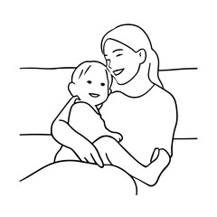 Black and White Vector Illustration of a Beautiful Mother Caring for Child in Minimalist Line Art Style