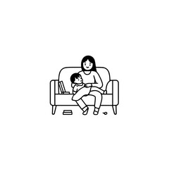 Black and White Vector Illustration of a Beautiful Mother Caring for Child in Minimalist Line Art Style