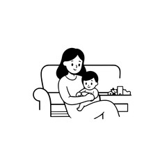 Black and White Vector Illustration of a Beautiful Mother Caring for Child in Minimalist Line Art Style