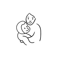 Black and White Vector Illustration of a Beautiful Mother Caring for Child in Minimalist Line Art Style