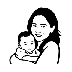 Black and White Vector Illustration of a Beautiful Mother Caring for Child in Minimalist Line Art Style