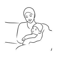 Black and White Vector Illustration of a Beautiful Mother Caring for Child in Minimalist Line Art Style