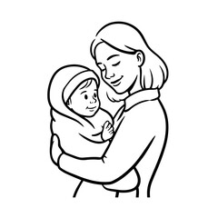 Black and White Vector Illustration of a Beautiful Mother Caring for Child in Minimalist Line Art Style