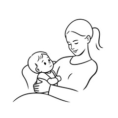 Black and White Vector Illustration of a Beautiful Mother Caring for Child in Minimalist Line Art Style